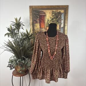 Moon Orchid Floral Smocked Peplum Blouse Women’s Large Brown Boho Long Sleeve